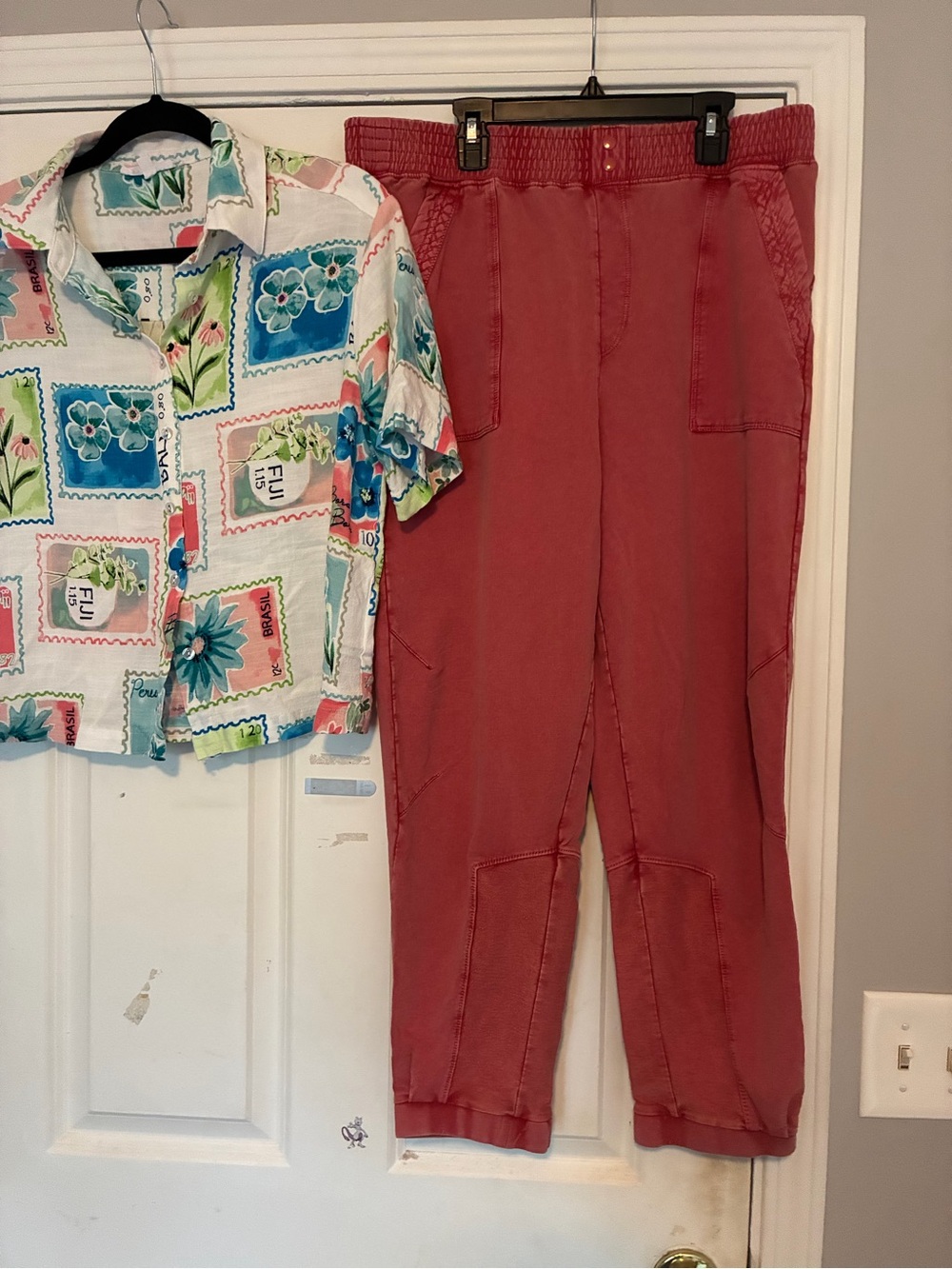 Anthropologie Washed Rust-Red Utility Jogger Trousers Pared With Linen Shirt